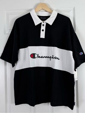 NEW Champion Black & White Rugby Polo Shirt Large